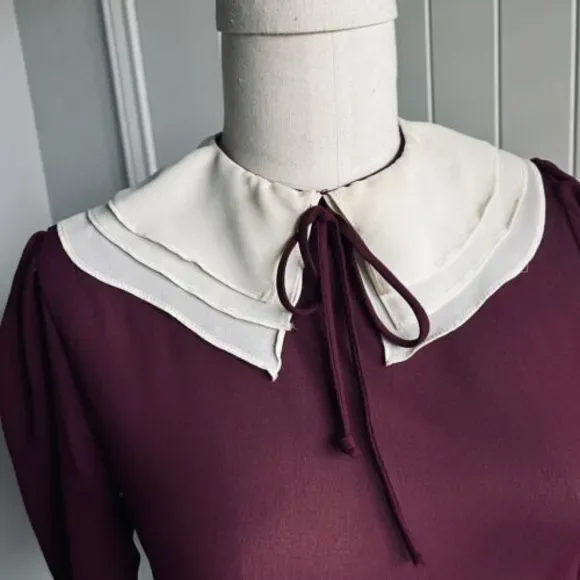 Vintage Blouse Maroon Sheer‎ Size Small Tie Neck Cream Collar Button C’est Chic - Picture 2 of 16